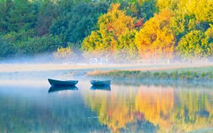 Autumn Peaceful Lake Tree Early Morning Misty Boat Fog Landscape Mist Colors Splendor Leaves Water Mountains Boats Nature Trees Fall Reflection Beauty Beautiful Lovely Foggy View Fence Wallpaper